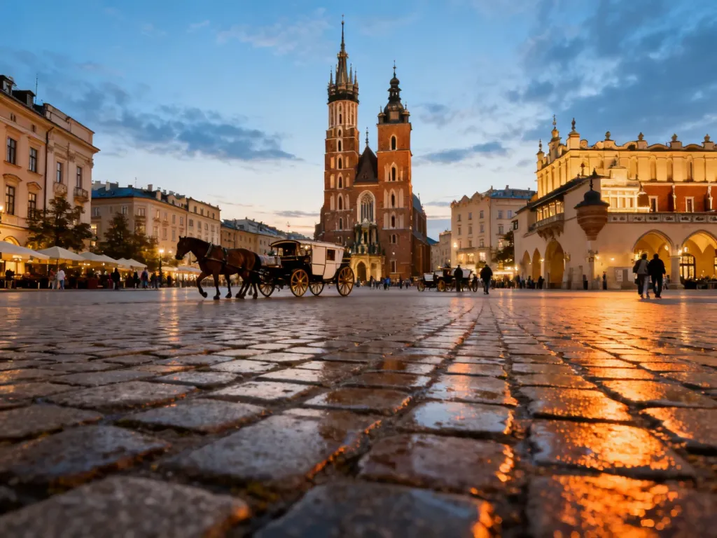 Rynek Główny w Krakowie o złotej godzinie z Sukiennicami i Kościołem Mariackim, dorożkami i mokrą brukowaną nawierzchnią, no text on the picture